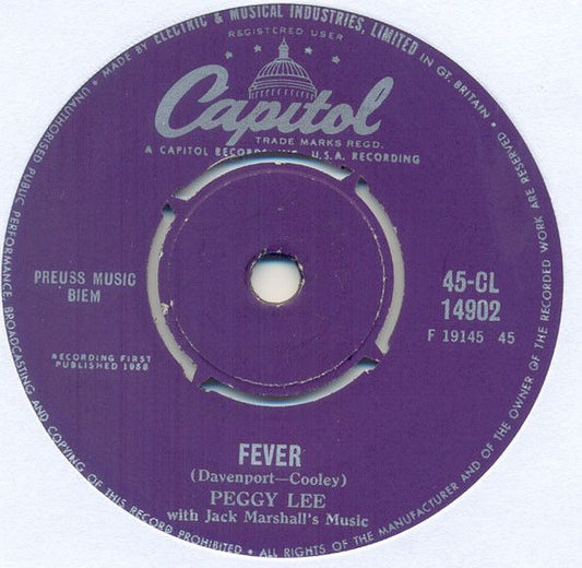 Peggy Lee Fever 7" Vinyl Capitol VG no cover 45CL14902 Used